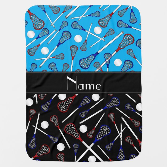 Personalized name blue black lacrosse pattern swaddle blanket (Front)