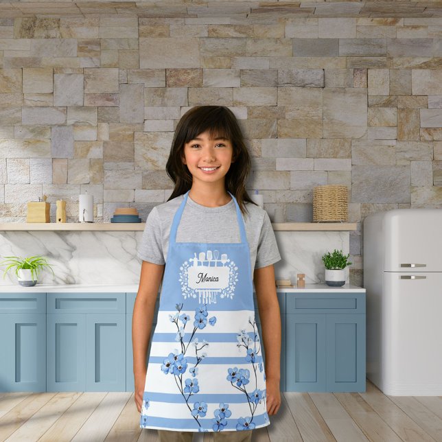 Personalized Name Blue Blossoms Striped Design Apron (Creator Uploaded)