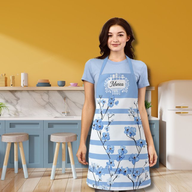 Personalized Name Blue Blossoms Striped Design Apron (Creator Uploaded)