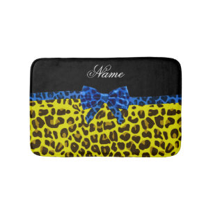 Personalized name blue bow yellow leopard bathroom mat