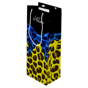 Personalized name blue bow yellow leopard wine gift bag