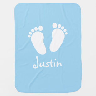 Personalized name blue boy footprints baby blanket
