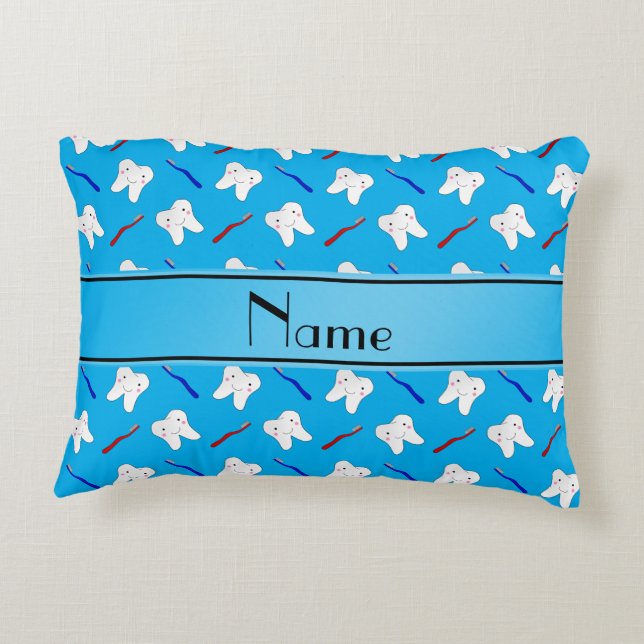 Personalized name blue brushes and tooth pattern accent pillow (Back)
