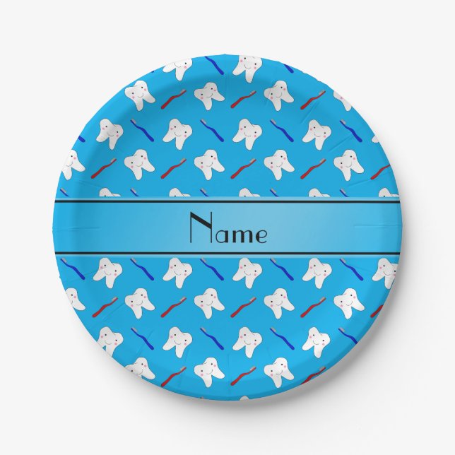 Personalized name blue brushes and tooth pattern paper plates (Front)