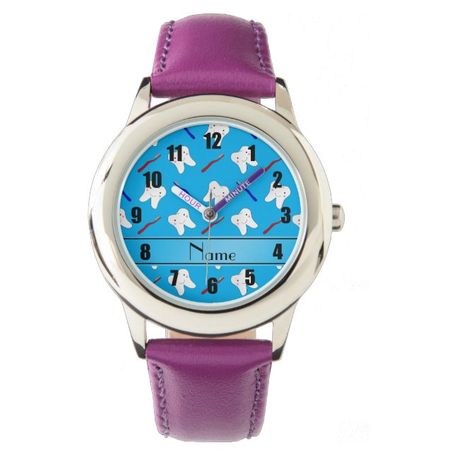 Personalized name blue brushes and tooth pattern watch (Front)