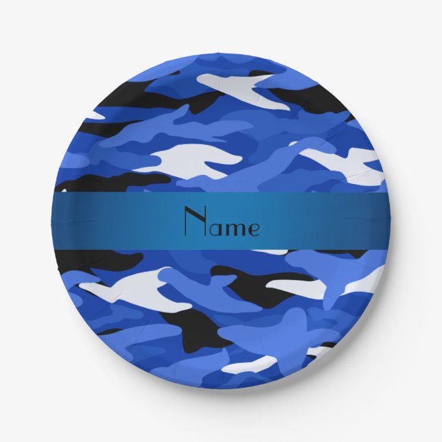 Personalized name blue camouflage blue stripe paper plates (Front)