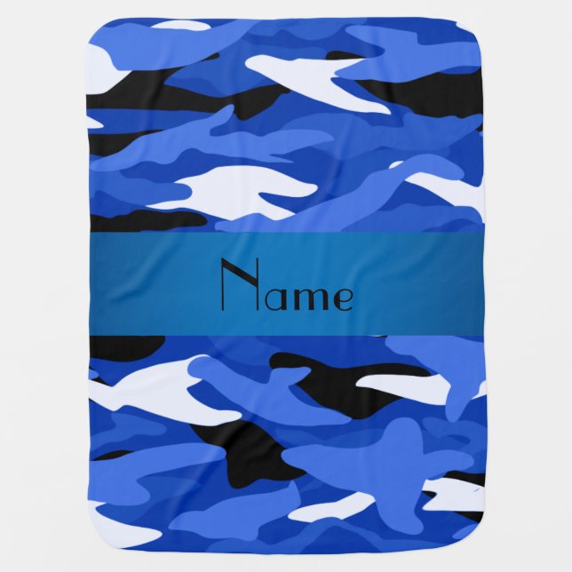 Personalized name blue camouflage receiving blanket (Front)