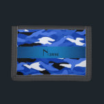 Personalized name blue camouflage trifold wallet<br><div class="desc">Modern and trendy Custom name blue camouflage pattern background and with blue stripe personalized with just add your name gifts or monogram gifts or your initials for a unique gift. Camouflage gift ideas for men and boys and girls. Ideal for birthdays.</div>