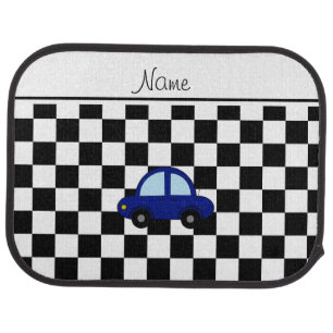 Personalized name blue car black white checkers floor mat