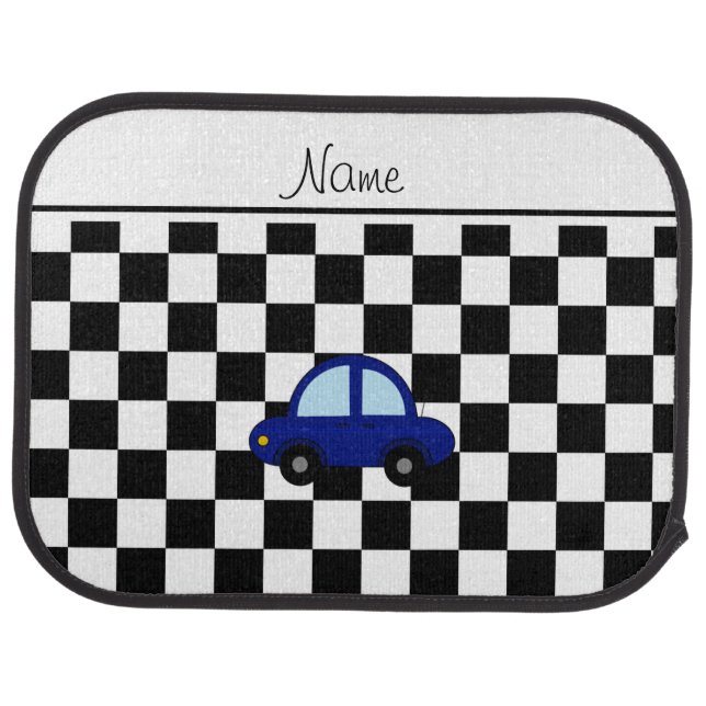 Personalized name blue car black white checkers floor mat (Rear)
