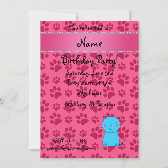 Personalized name blue cat pink paws invitation (Front)