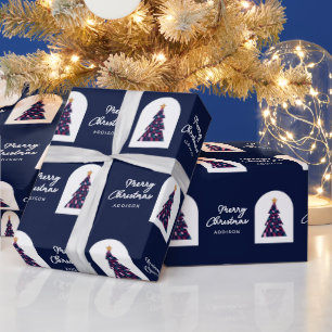 Personalized Name Blue Checkered Christmas Tree Wrapping Paper