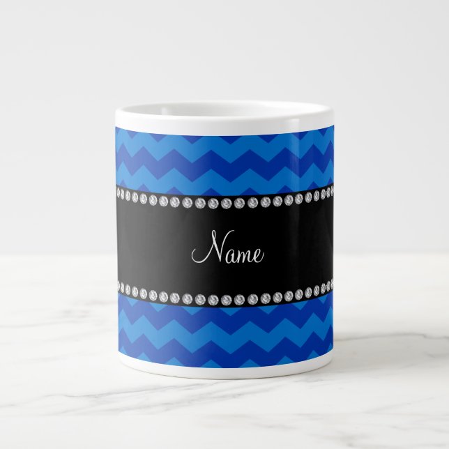Personalized name blue chevrons giant coffee mug (Front)