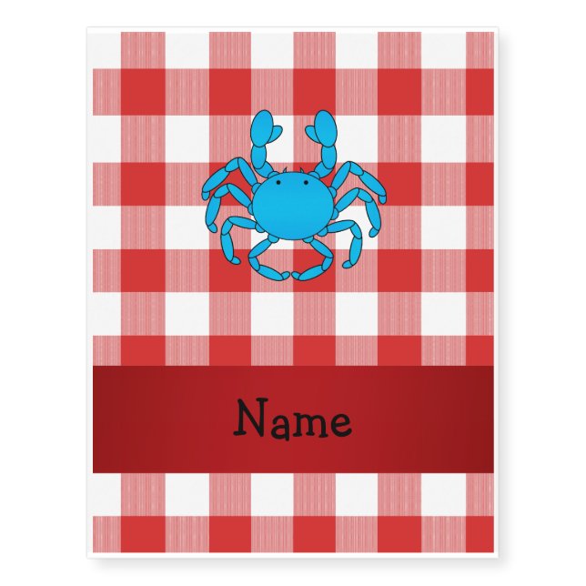 Personalized name blue crab red picnic checkers temporary tattoos (Front)