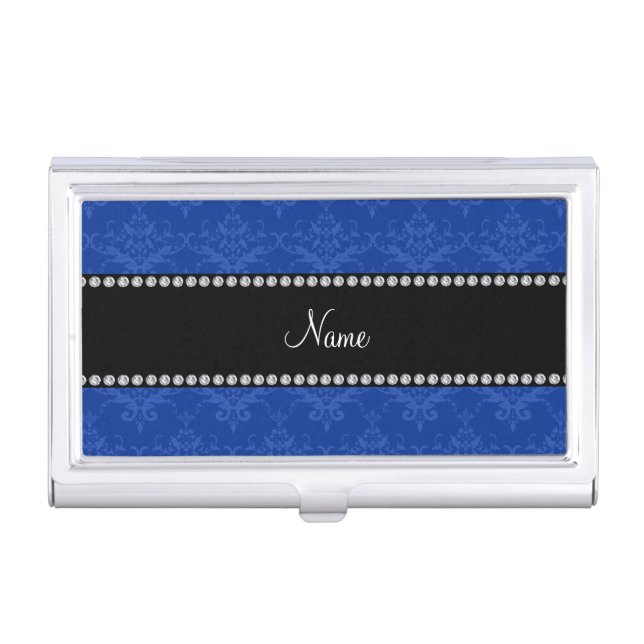 Personalized name Blue damask Business Card Holder (Front)