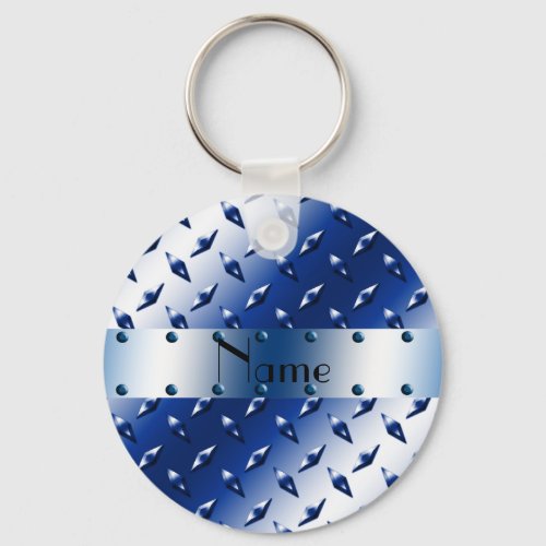 Personalized name blue diamond plate steel keychain