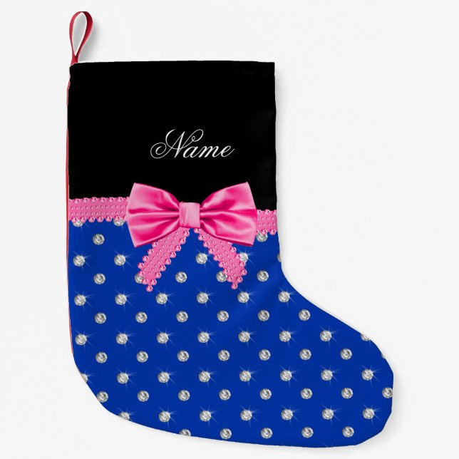 Personalized name blue diamonds pink bling bow small christmas stocking (Front)