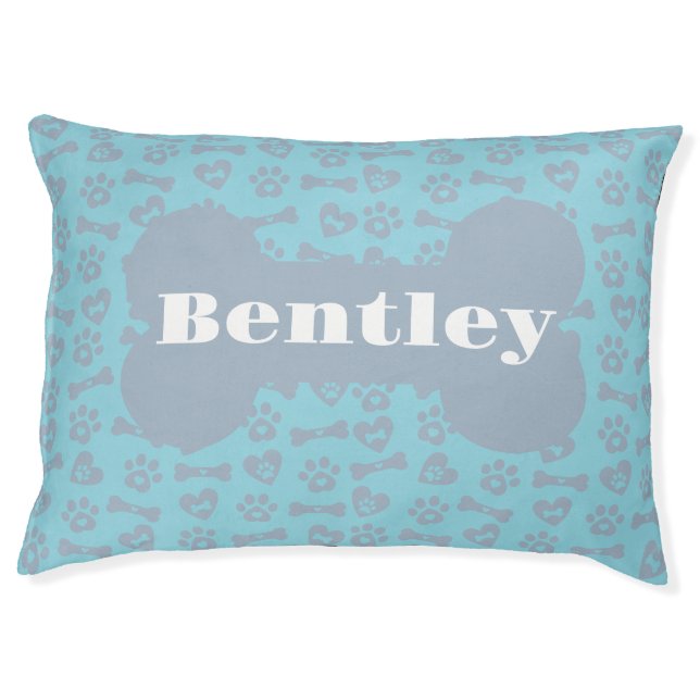 Personalized Name Blue Dog Bones Paws And Hearts  Pet Bed (Front)