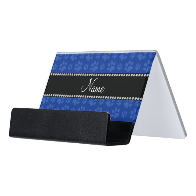 Personalized name blue dog paw print desk business card holder (Angled Front)