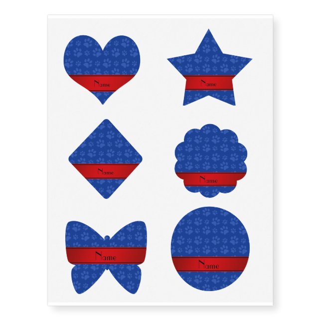 Personalized name blue dog paws red stripe temporary tattoos (Front)