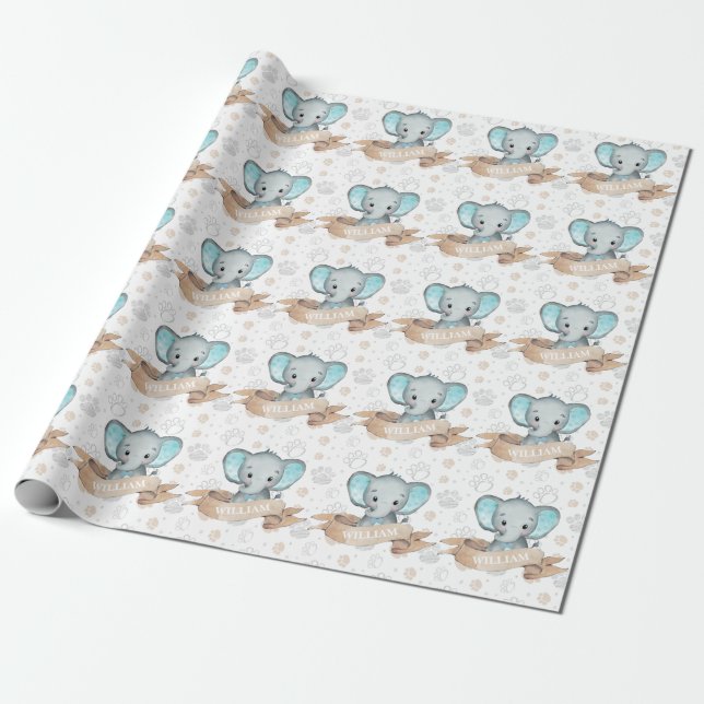 Personalized Name Blue Elephant Baby Boy Pattern Wrapping Paper (Unrolled)