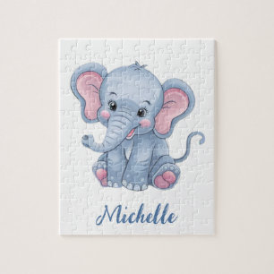Personalized Name Blue elephant Girl's Jigsaw Puzzle