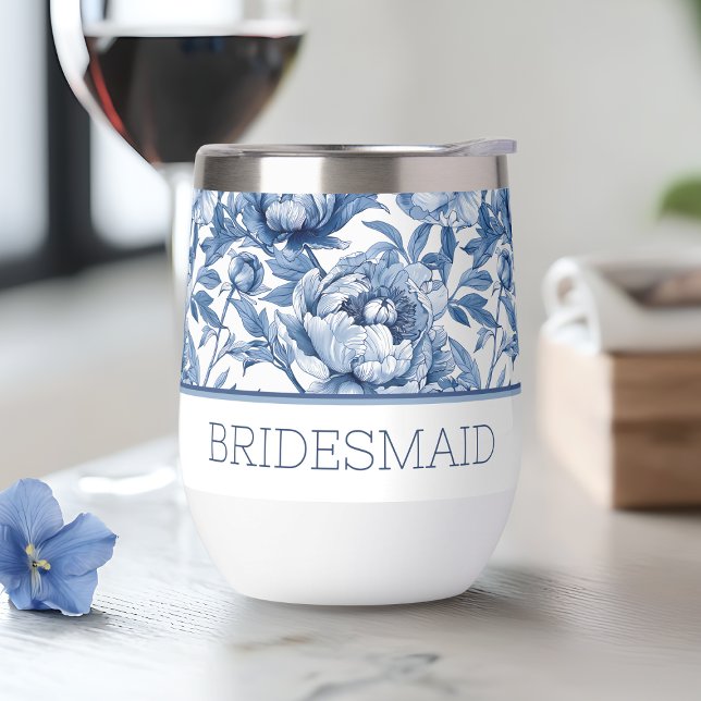 Personalized Name Blue Floral Bridesmaid Flower Thermal Wine Tumbler (Personalized Name Blue Floral Bridesmaid Flower Thermal Wine Tumbler)