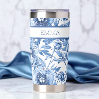 Personalized Name Blue Floral Travel Flower Coffee Insulated Tumbler