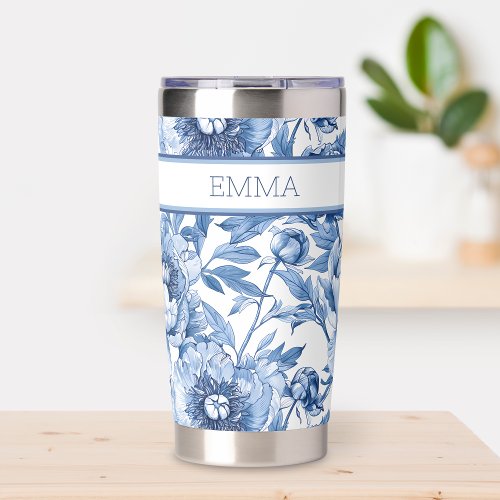 Personalized Name Blue Floral Travel Flower Coffee Insulated Tumbler