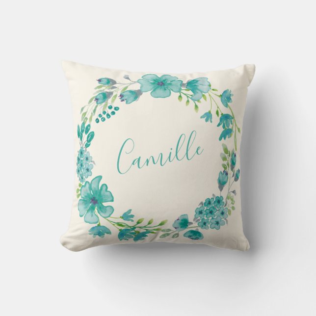 Personalized Name Blue Floral Wreath Home Decor Throw Pillow (Front)