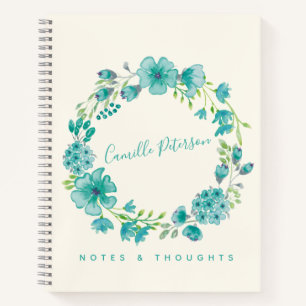 Personalized Name Blue Floral Wreath Stylish Chic Notebook