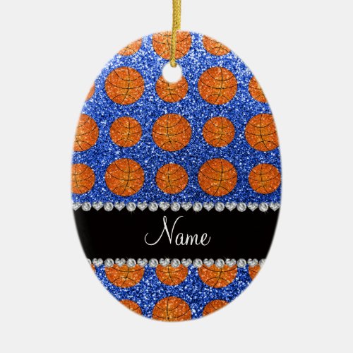 Personalized name blue glitter basketballs ceramic ornament