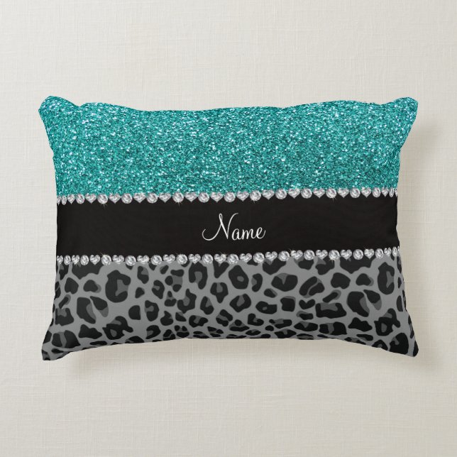 Personalized name blue glitter black leopard accent pillow (Front)