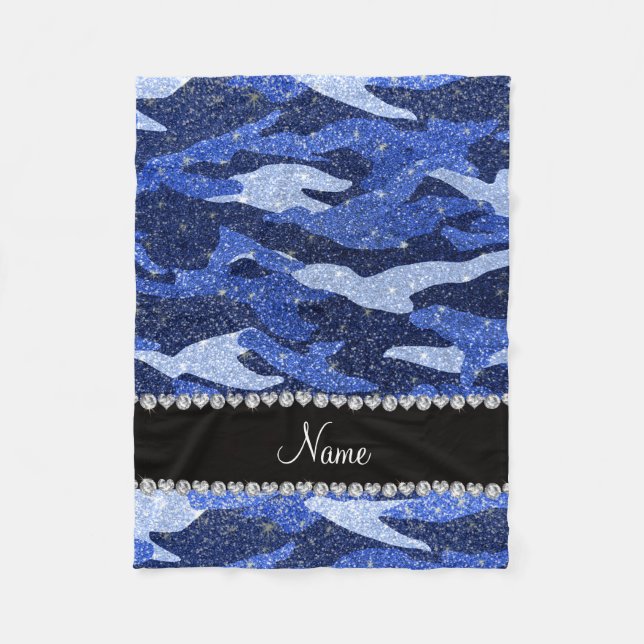 Personalized name blue glitter camouflage fleece blanket (Front)