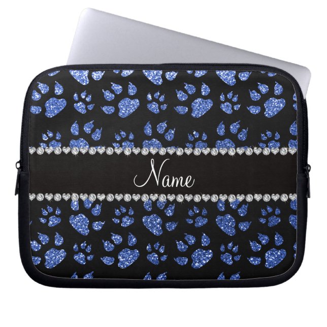 Personalized name blue glitter cat paws laptop sleeve (Front)