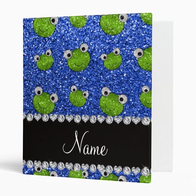 Personalized name blue glitter frogs 3 ring binder (Front/Inside)