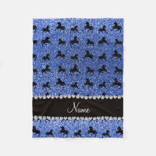 Personalized name blue glitter horses fleece blanket