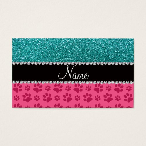 Personalized name blue glitter pink paws business card