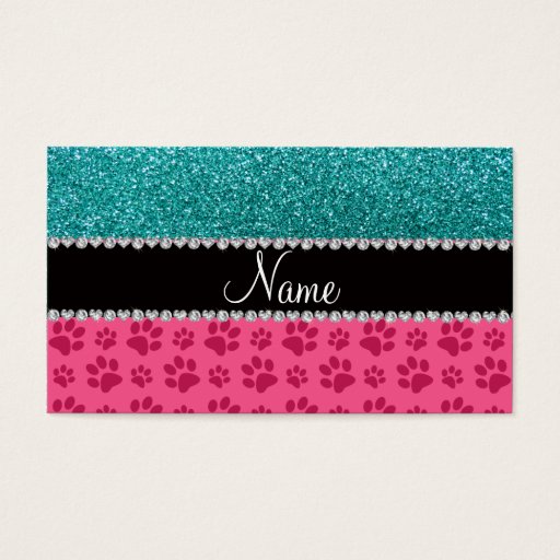 Customizable Personalized name blue glitter pink paws business card