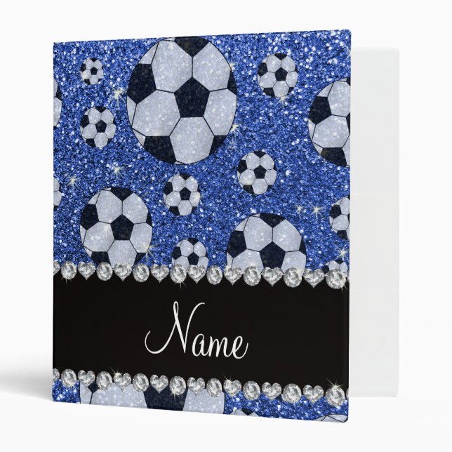 Personalized name blue glitter soccer balls binder (Front/Inside)