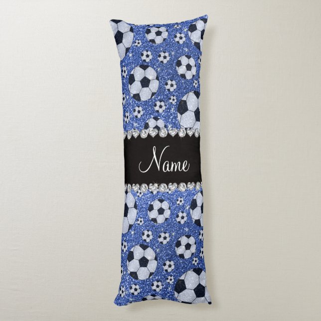 Personalized name blue glitter soccer balls body pillow (Back (Vertical))