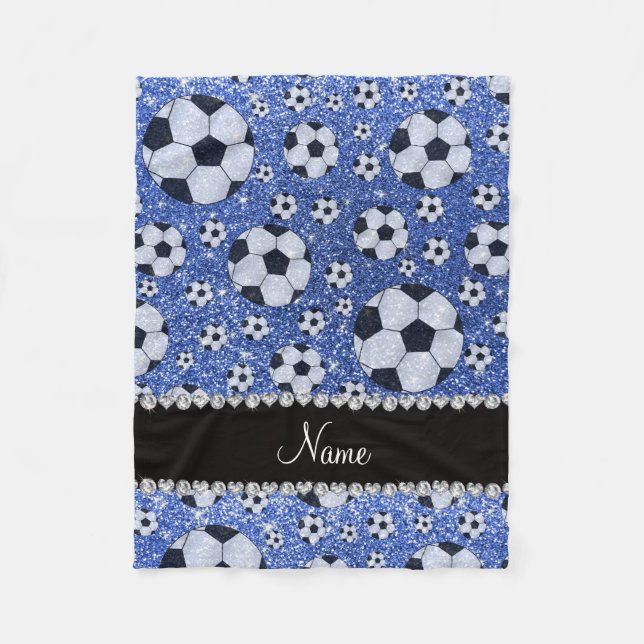 Personalized name blue glitter soccer balls fleece blanket (Front)