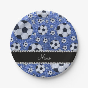 Personalized name blue glitter soccer balls paper plates