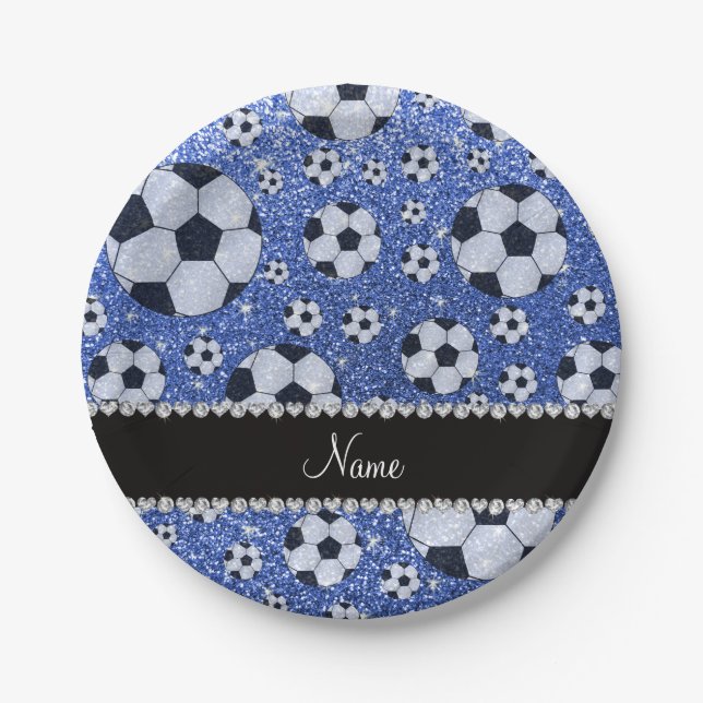 Personalized name blue glitter soccer balls paper plates (Front)