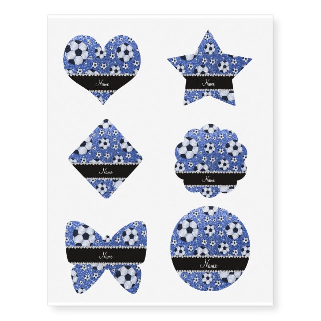 Personalized name blue glitter soccer balls temporary tattoos (Front)