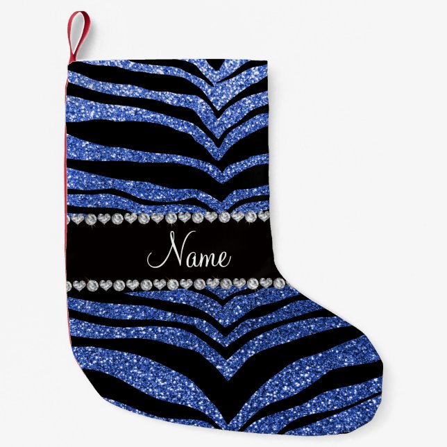 Personalized name blue glitter tiger stripes small christmas stocking (Front)