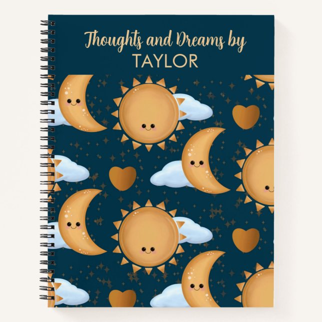 Personalized Name Blue Gold Sun Moon Dream Journal (Front)
