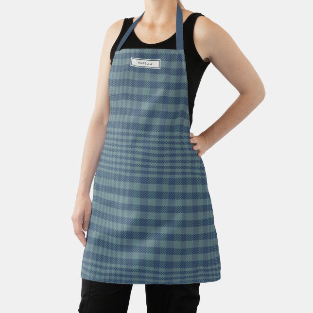 Personalized Name Blue Gray Plaid Classic Preppy Apron (Insitu)