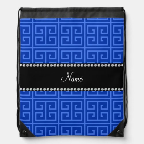 Personalized name blue greek key pattern drawstring bag
