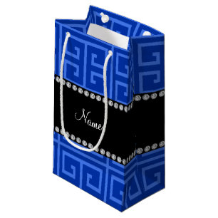 Personalized name blue greek key pattern small gift bag